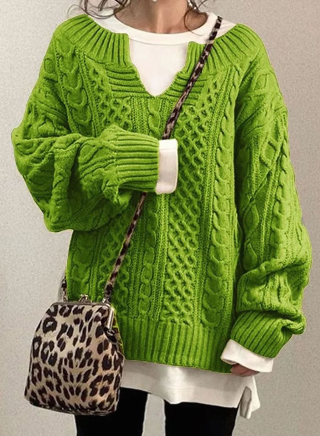 Women’s Cable Knit Sweater V-Neck Long Sleeve Ribbed Cuffs – Casual Outings