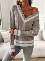 Women’s Cable Knit Sweater V-Neck Striped Ribbed Trim Long Sleeves – Historic District Walks