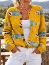 Women’s Cardigan Fish Print Button Front Ribbed Cuffs – Harbor Walks