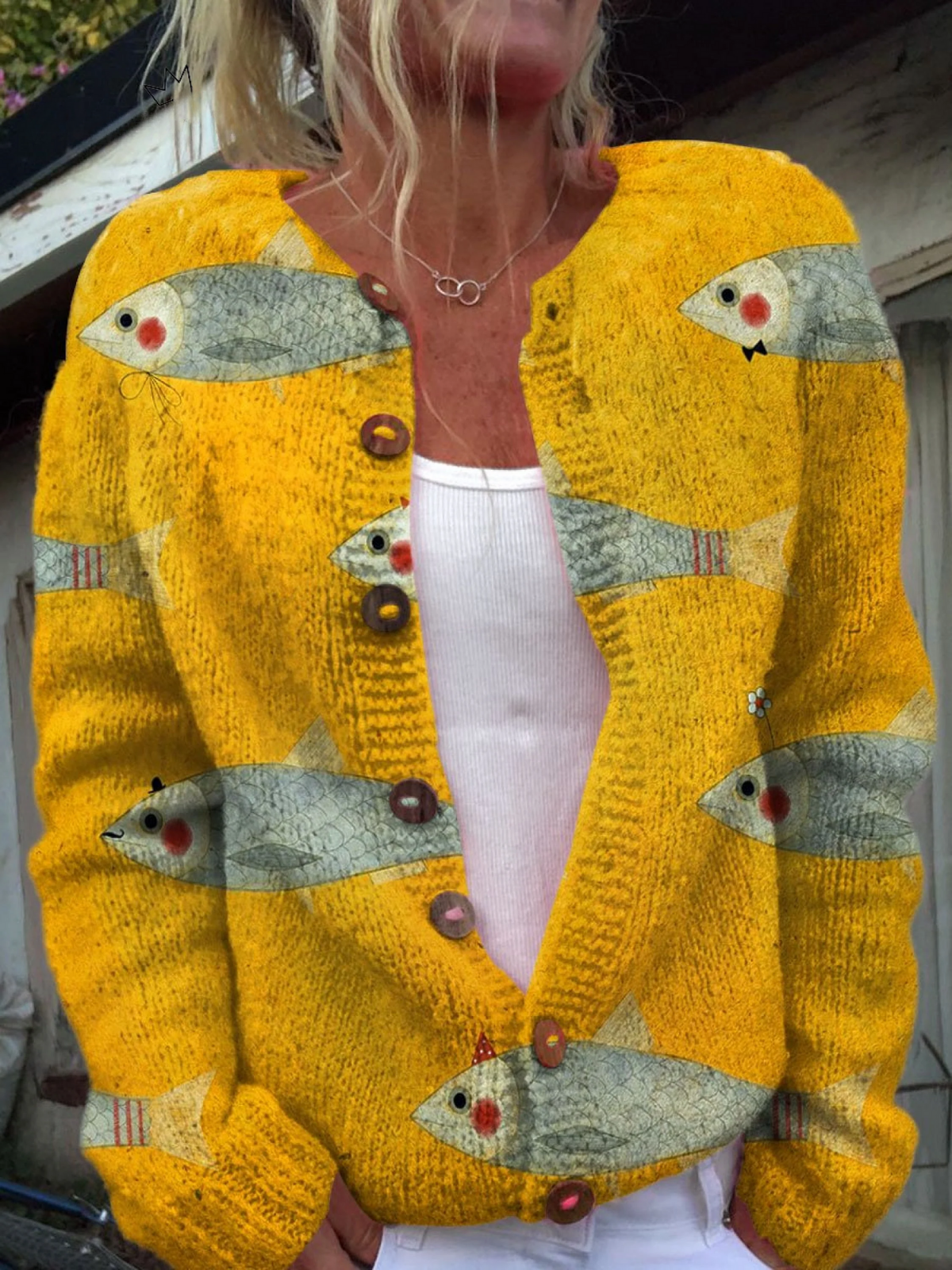 Women’s Cardigan Fish Print Button Front Ribbed Cuffs – Harbor Walks