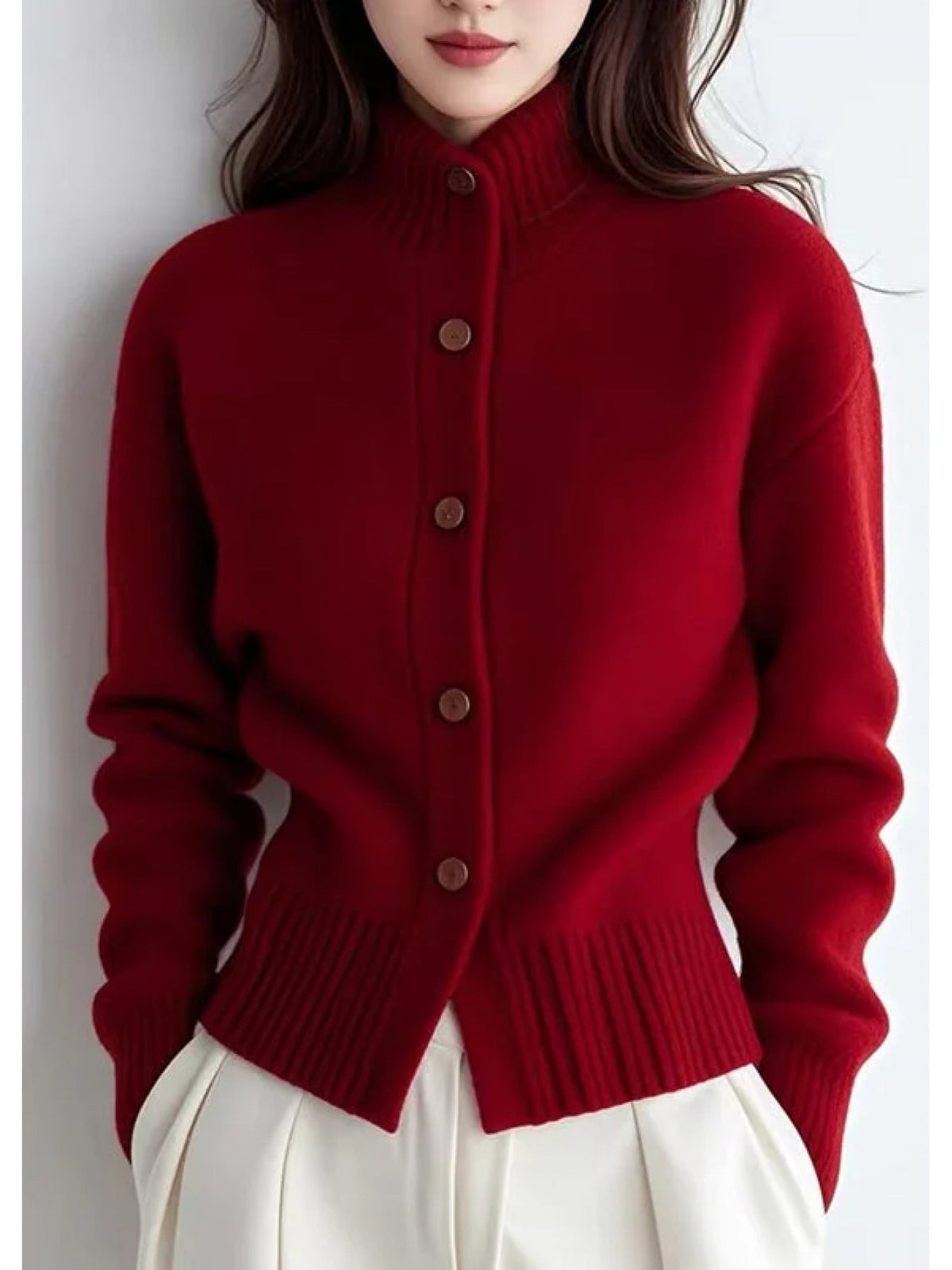 Women’s Cardigan High Neck Button Front Ribbed Trim – Weekend Brunches