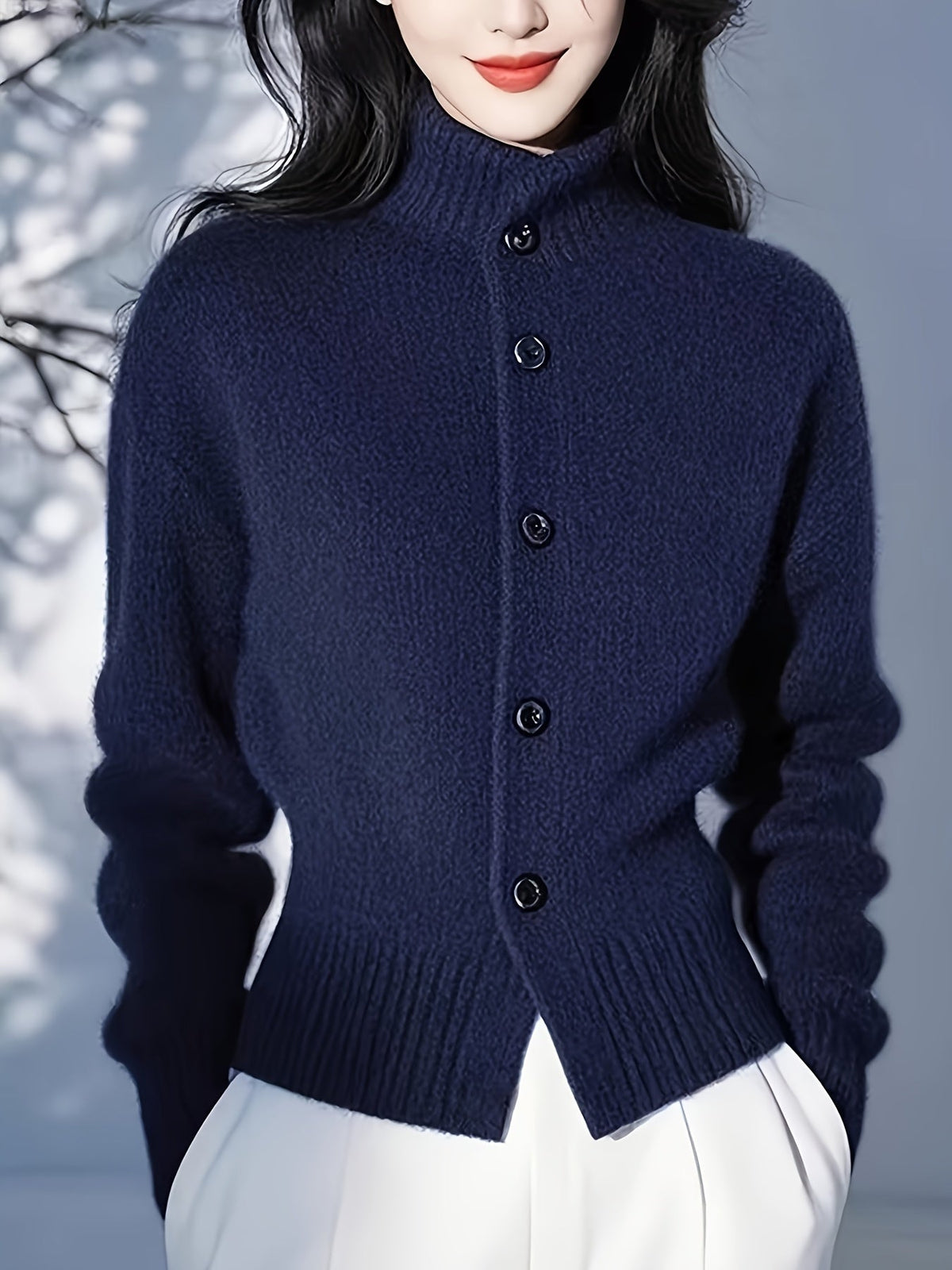 Women’s Cardigan High Neck Button Front Ribbed Trim – Weekend Brunches
