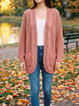 Women’s Cardigan Open Front Cable Detail Front Pockets – Weekend Bookstore Visits