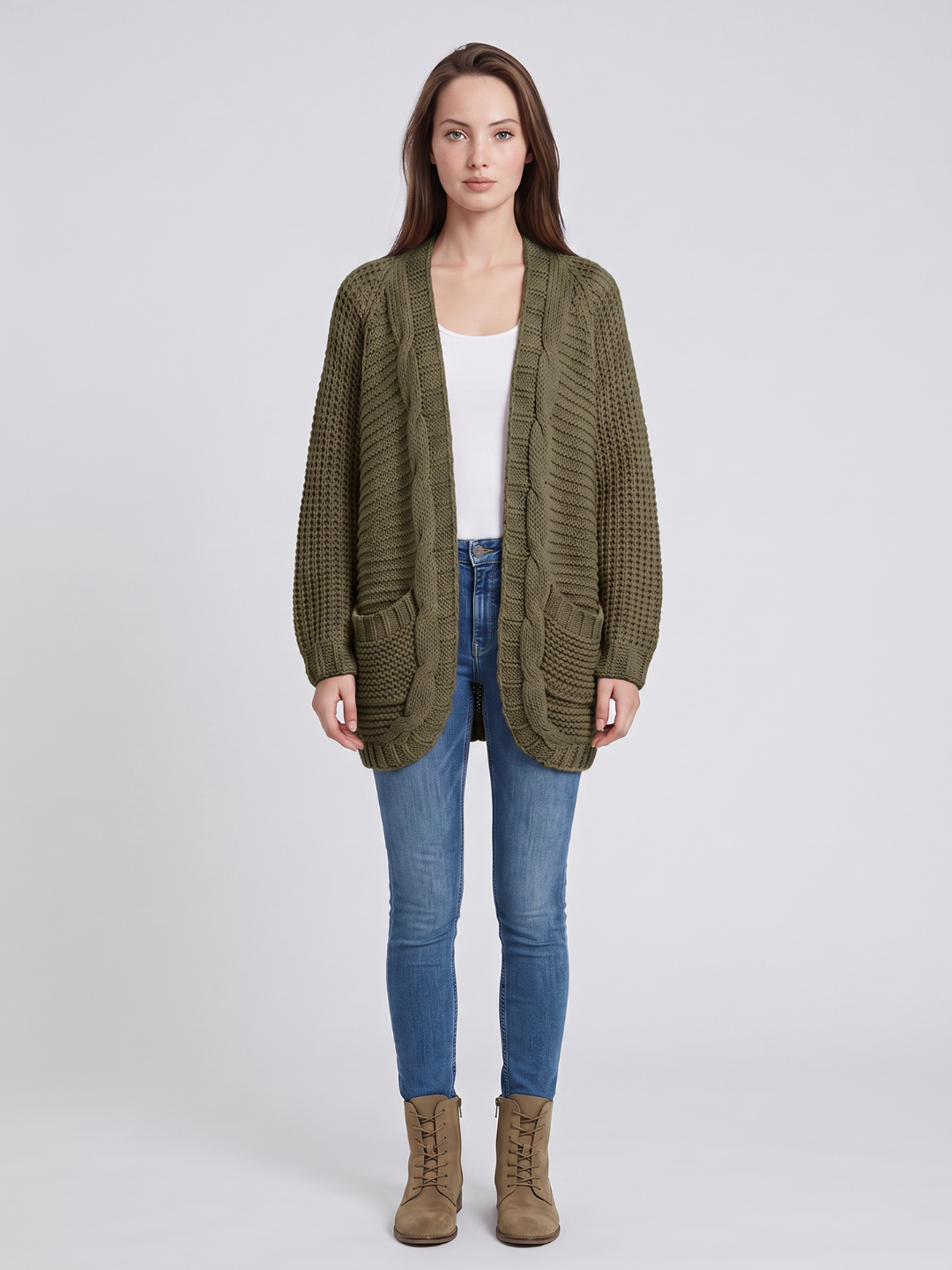Women’s Cardigan Open Front Cable Detail Front Pockets – Weekend Bookstore Visits