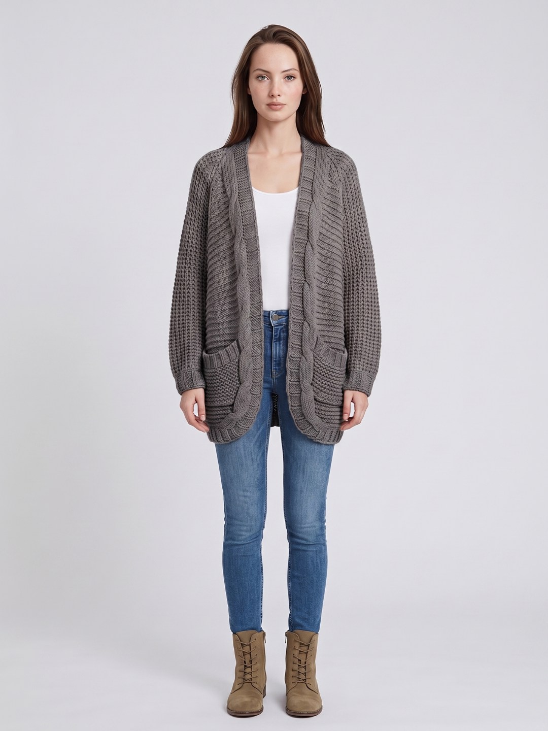 Women’s Cardigan Open Front Cable Detail Front Pockets – Weekend Bookstore Visits