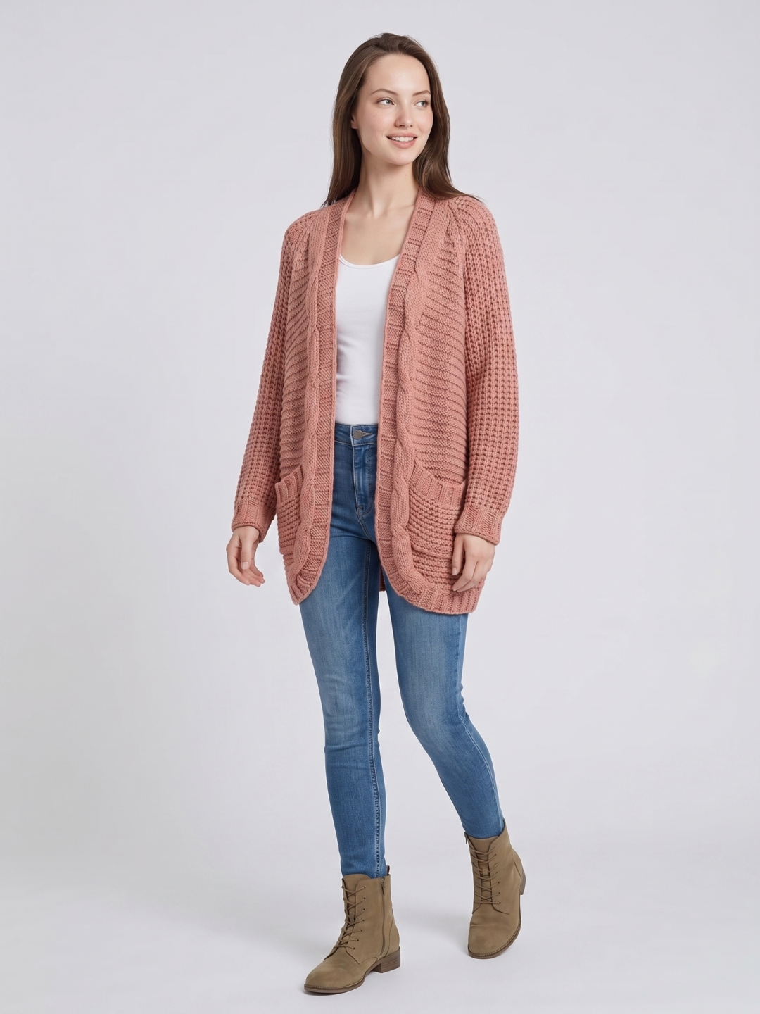 Women’s Cardigan Open Front Cable Detail Front Pockets – Weekend Bookstore Visits