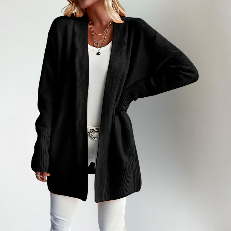 Women’s Cardigan Open Front Long Sleeve Ribbed Detail Front Pockets – Weekend Coffee Runs