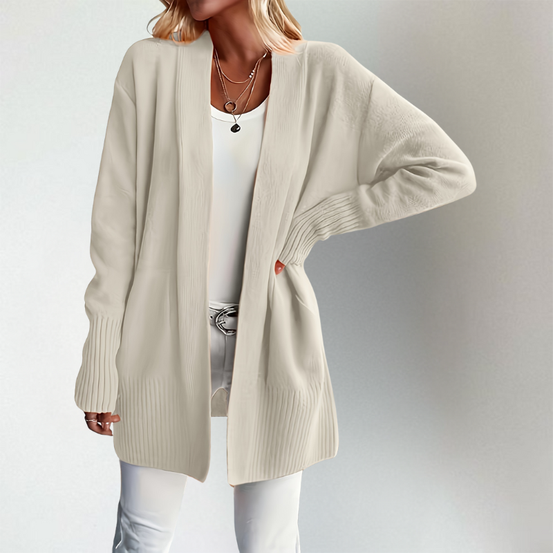 Women’s Cardigan Open Front Long Sleeve Ribbed Detail Front Pockets – Weekend Coffee Runs