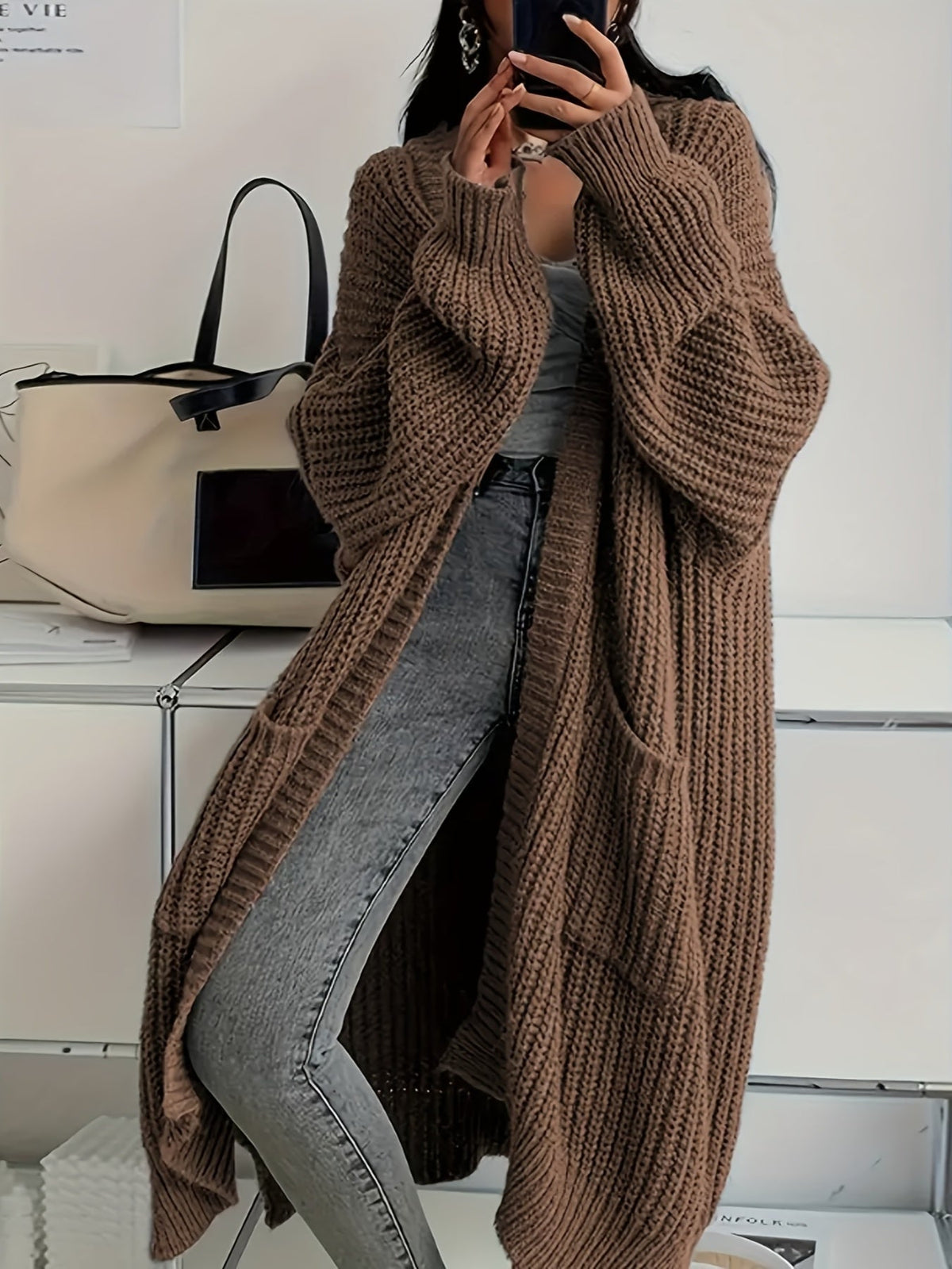Women’s Cardigan Open Front Ribbed Detail Balloon Sleeves Front Pockets – Casual City Outings