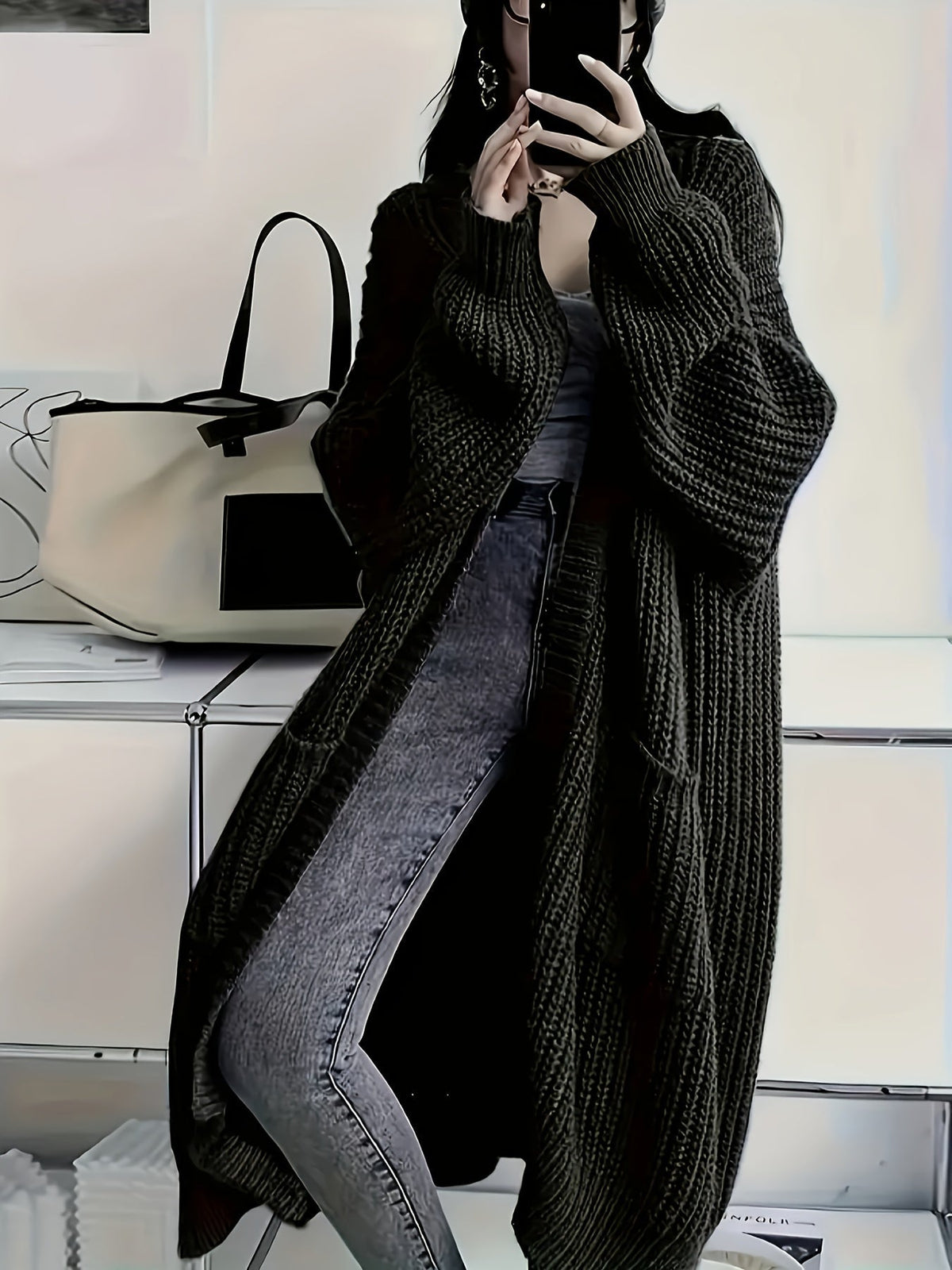 Women’s Cardigan Open Front Ribbed Detail Balloon Sleeves Front Pockets – Casual City Outings