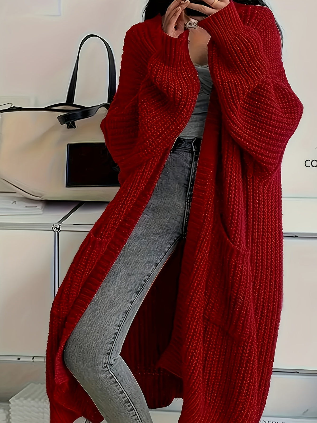 Women’s Cardigan Open Front Ribbed Detail Balloon Sleeves Front Pockets – Casual City Outings