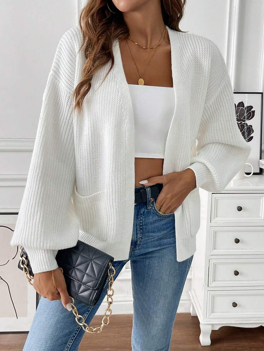 Women’s Cardigan Open Front Ribbed Texture Front Pockets – Weekend Coffee Runs