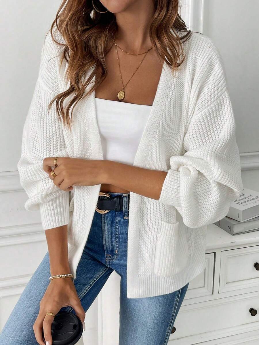 Women’s Cardigan Open Front Ribbed Texture Front Pockets – Weekend Coffee Runs