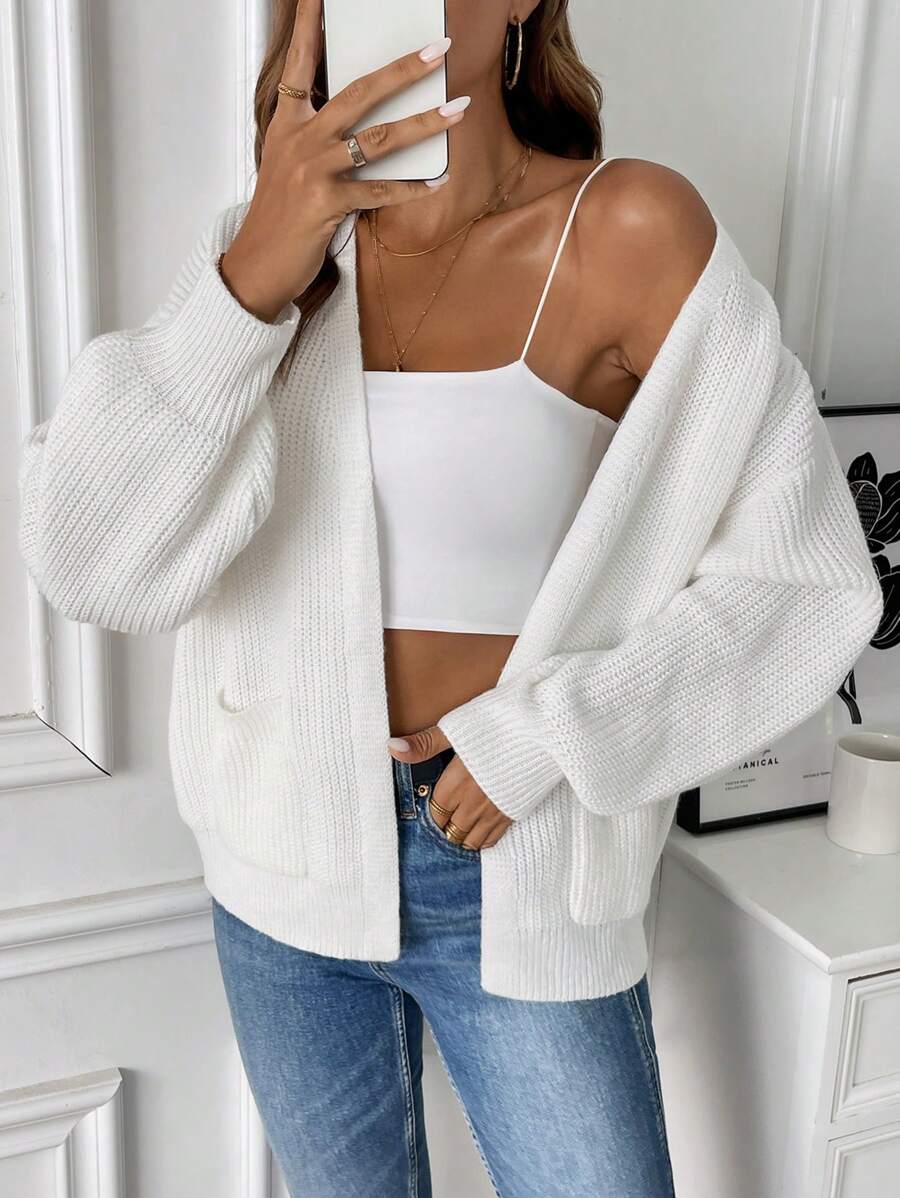 Women’s Cardigan Open Front Ribbed Texture Front Pockets – Weekend Coffee Runs