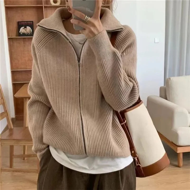 Women's Cardigan Ribbed Knit Zip Front High Collar – Day Trip