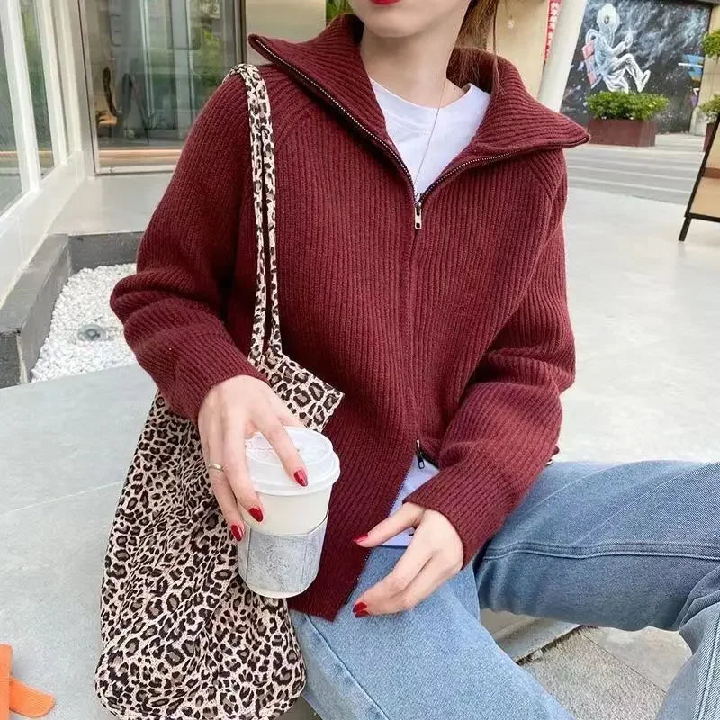 Women's Cardigan Ribbed Knit Zip Front High Collar – Day Trip