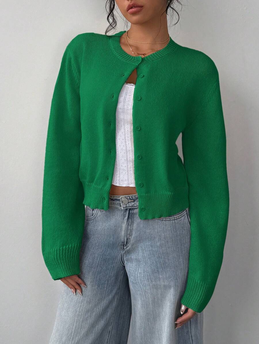 Women’s Cardigan Round Neck Button Front Ribbed Trim – Café Visits