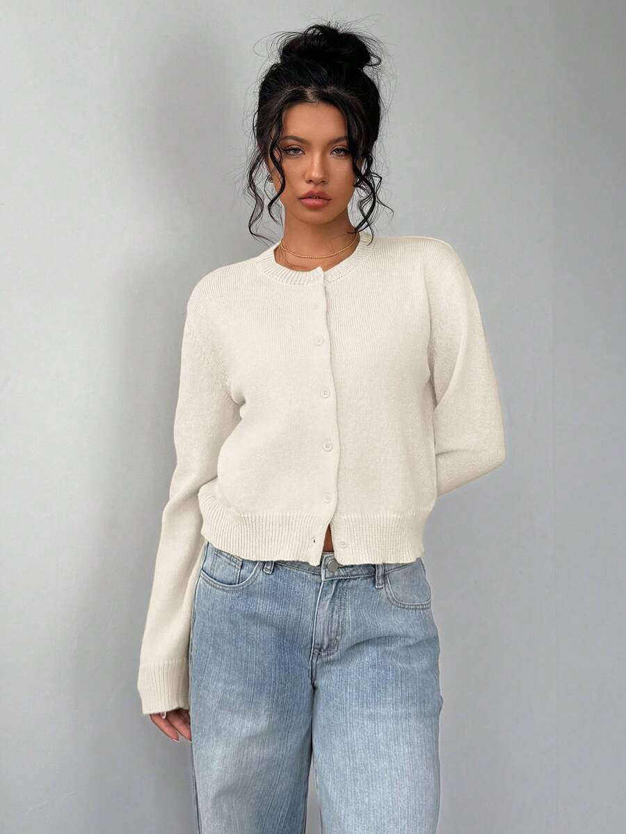 Women’s Cardigan Round Neck Button Front Ribbed Trim – Café Visits