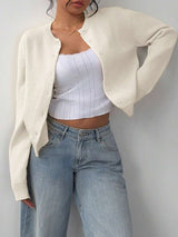 Women’s Cardigan Round Neck Button Front Ribbed Trim – Café Visits