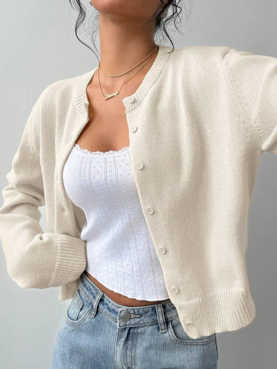 Women’s Cardigan Round Neck Button Front Ribbed Trim – Café Visits
