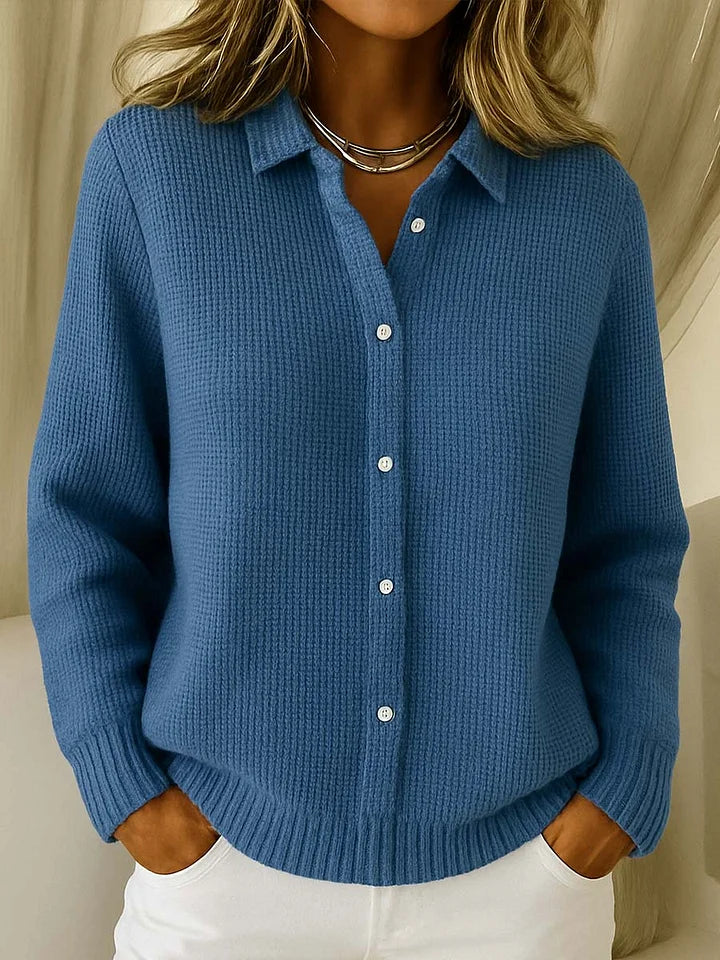 Women's Cardigan Shirt Collar Button Front Long Sleeve Ribbed Trim – Campus Errands