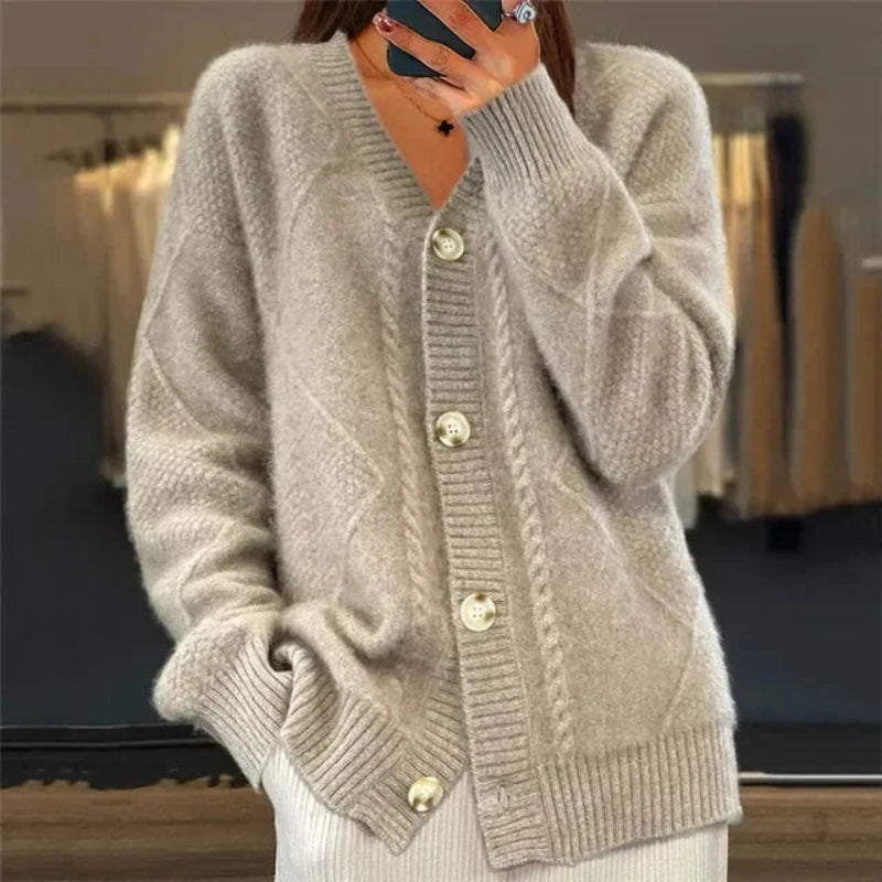 Women’s Cardigan V-Neck Button Front Diamond Knit Detail – Bookstore Visits