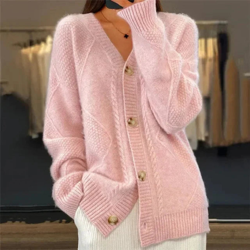 Women’s Cardigan V-Neck Button Front Diamond Knit Detail – Bookstore Visits