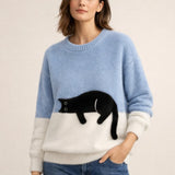 Women's Cat Motif Sweater Round Neck Long Sleeve Ribbed Trim – Weekend Outing