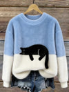 Women's Cat Motif Sweater Round Neck Long Sleeve Ribbed Trim – Weekend Outing