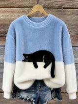 Women's Cat Motif Sweater Round Neck Long Sleeve Ribbed Trim – Weekend Outing