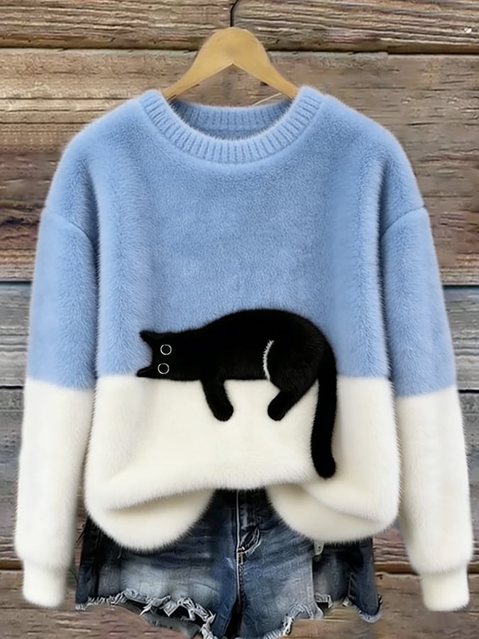 Women's Cat Motif Sweater Round Neck Long Sleeve Ribbed Trim – Weekend Outing