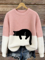 Women's Cat Motif Sweater Round Neck Long Sleeve Ribbed Trim – Weekend Outing