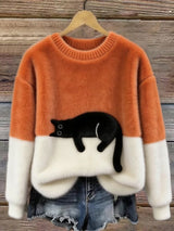 Women's Cat Motif Sweater Round Neck Long Sleeve Ribbed Trim – Weekend Outing