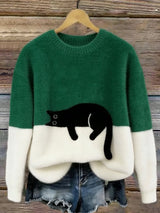 Women's Cat Motif Sweater Round Neck Long Sleeve Ribbed Trim – Weekend Outing