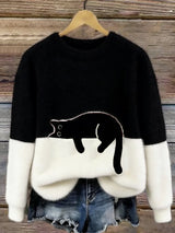 Women's Cat Motif Sweater Round Neck Long Sleeve Ribbed Trim – Weekend Outing