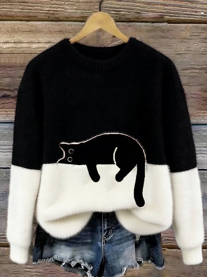 Women's Cat Motif Sweater Round Neck Long Sleeve Ribbed Trim – Weekend Outing