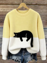 Women's Cat Motif Sweater Round Neck Long Sleeve Ribbed Trim – Weekend Outing