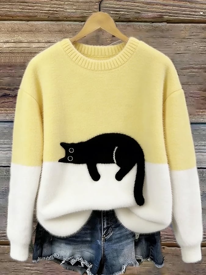 Women's Cat Motif Sweater Round Neck Long Sleeve Ribbed Trim – Weekend Outing