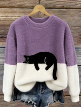 Women's Cat Motif Sweater Round Neck Long Sleeve Ribbed Trim – Weekend Outing