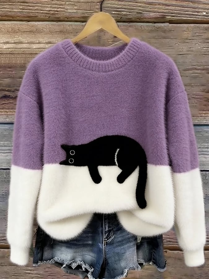 Women's Cat Motif Sweater Round Neck Long Sleeve Ribbed Trim – Weekend Outing