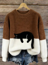 Women's Cat Motif Sweater Round Neck Long Sleeve Ribbed Trim – Weekend Outing