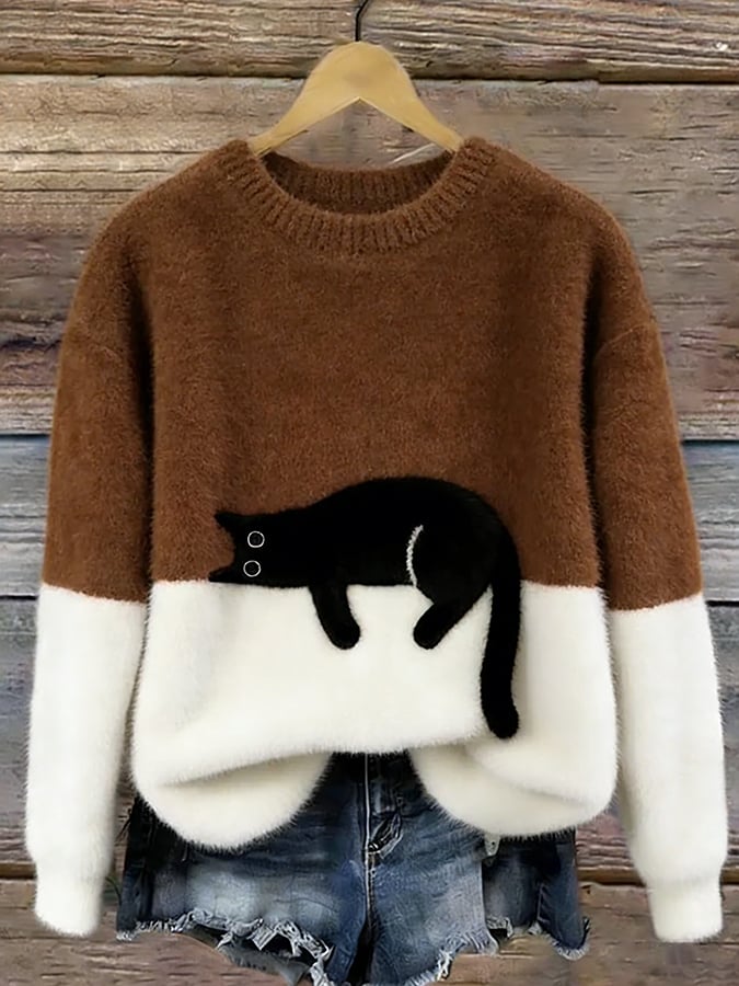 Women's Cat Motif Sweater Round Neck Long Sleeve Ribbed Trim – Weekend Outing