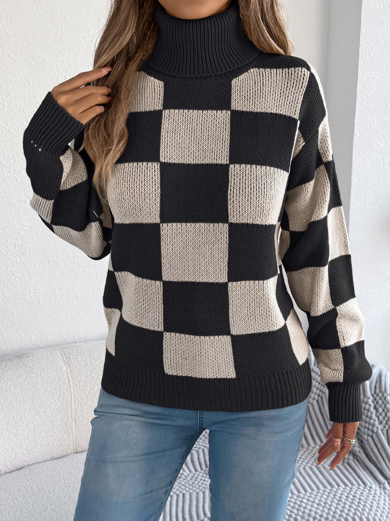 Women's Checkered Knit Sweater Turtleneck Long Sleeve – Seasonal Look