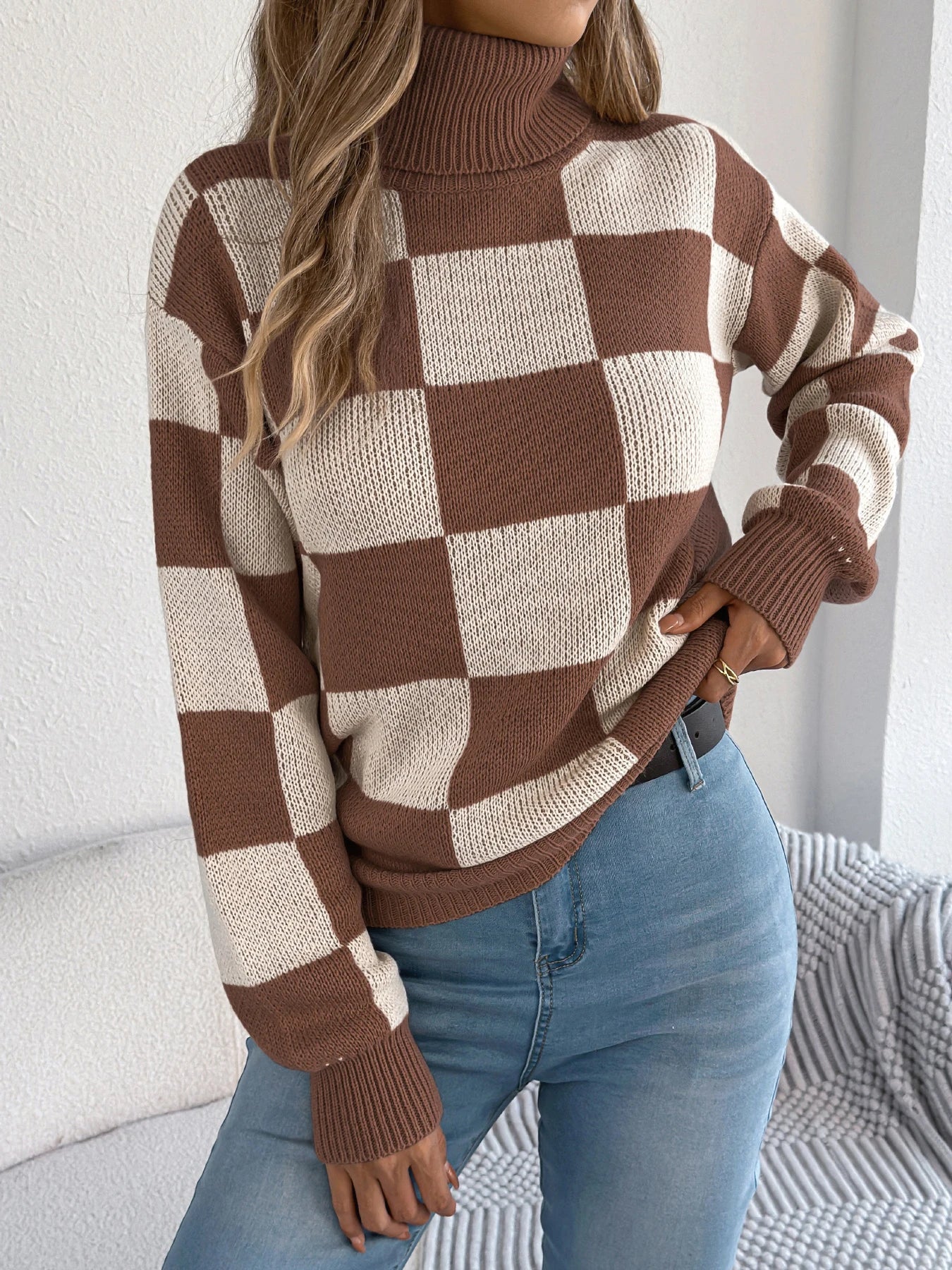Women's Checkered Knit Sweater Turtleneck Long Sleeve – Seasonal Look