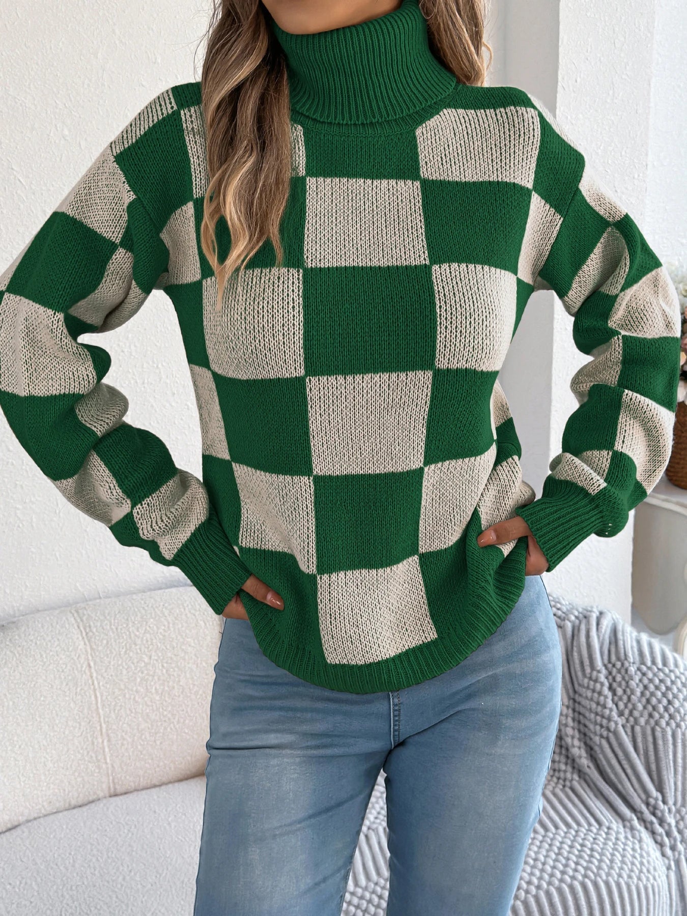 Women's Checkered Knit Sweater Turtleneck Long Sleeve – Seasonal Look