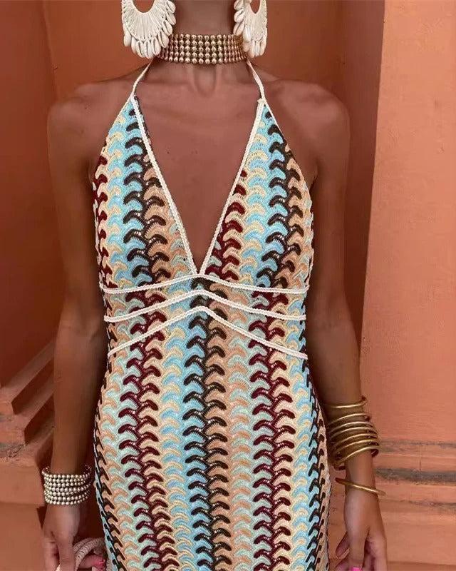 Women's Chevron Maxi Dress Halter V Neck Backless – Wedding Guest Summer