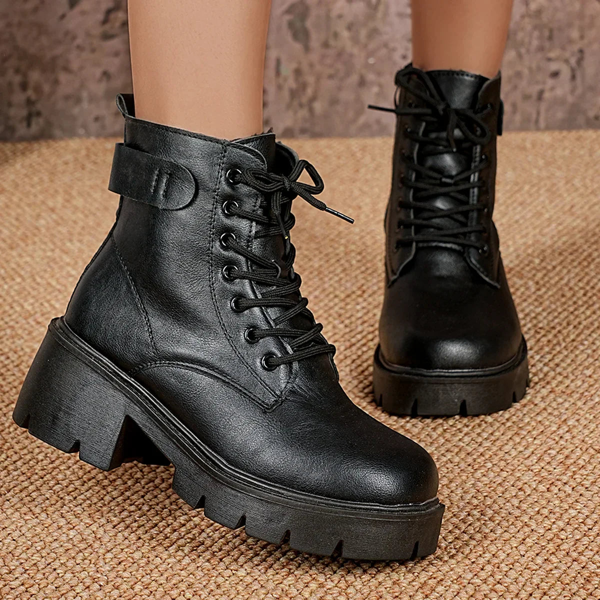 Women's Chunky Platform Ankle Boots Lace Up Block Heel – Edgy Daily Look
