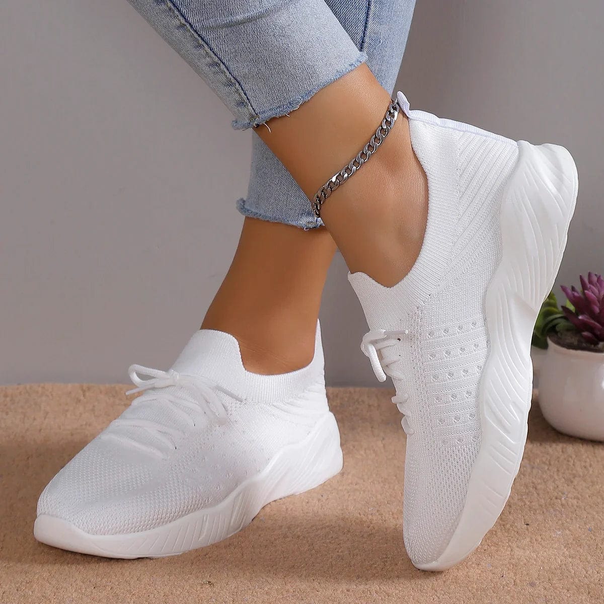 Women's Chunky Sneakers Textured Knit Lace Up Thick Sole Low Cut – Casual Street-style