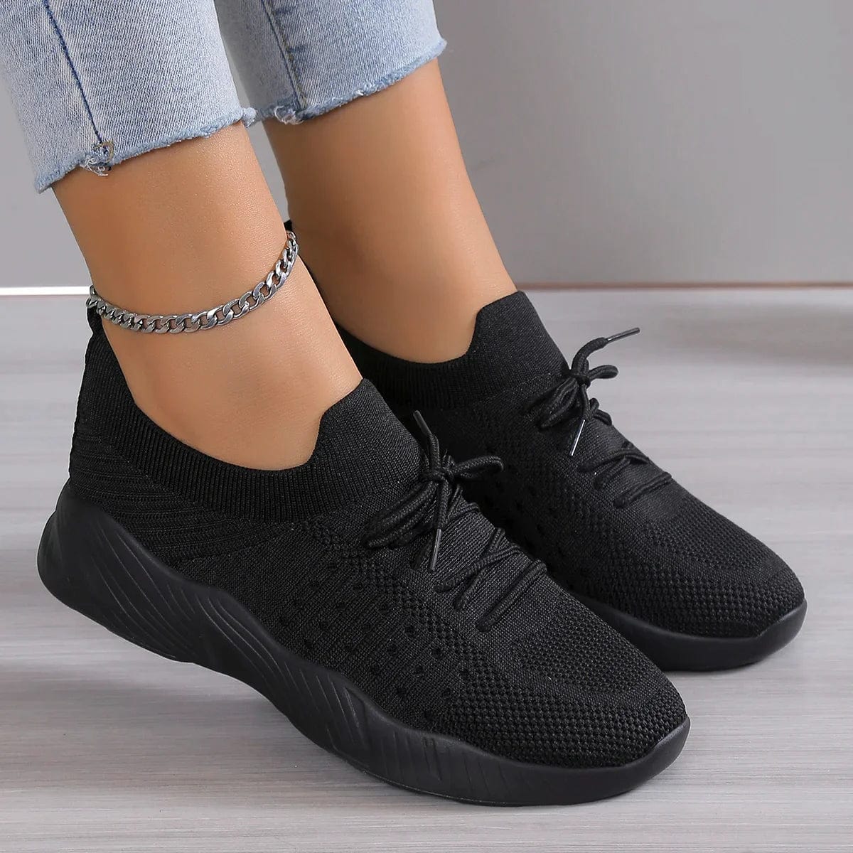Women's Chunky Sneakers Textured Knit Lace Up Thick Sole Low Cut – Casual Street-style