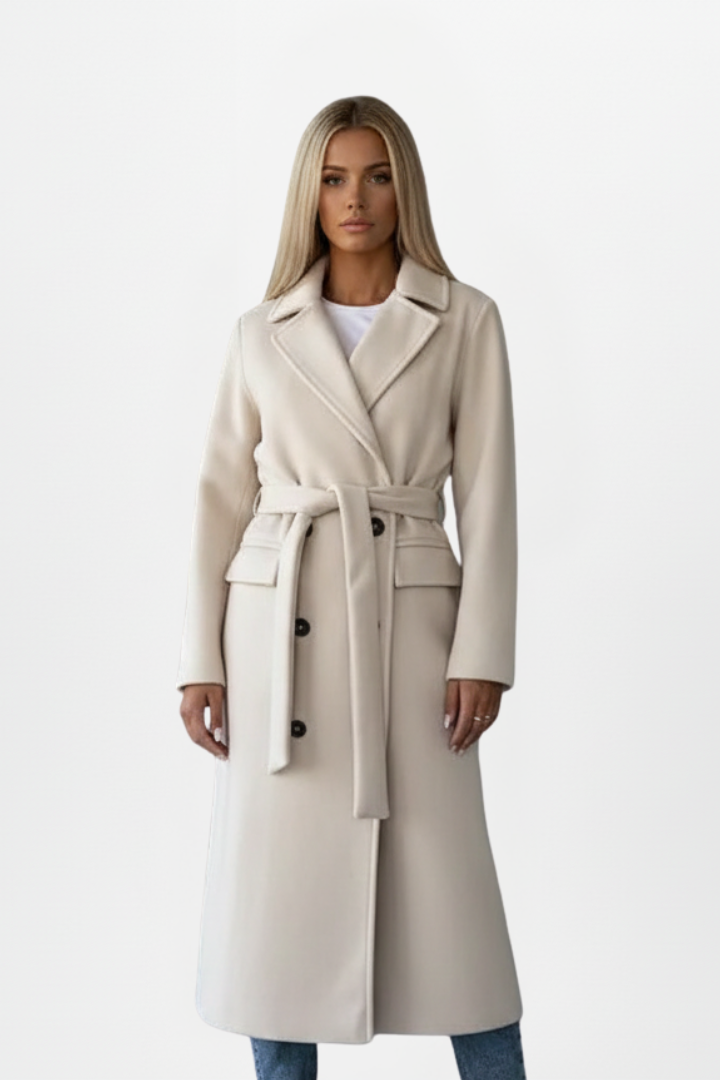 Women’s Coat Notched Collar Tie Waist Long Sleeve – Business Lunch